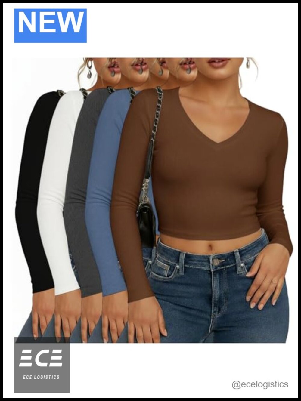5 Pack Womens Long Sleeve V Neck Ribbed Slim Fit Crop Tops Fall Y2K Basic
